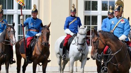 Sechs Dragoner auf Pferden