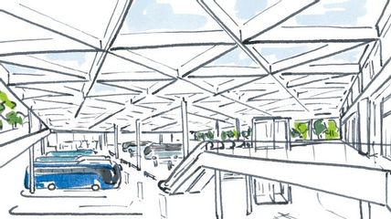 Zeichnung Busterminal mit zwei Ebenen und Glasverdachung